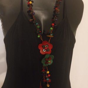 Vintage Handcrafted Wood Flowers and Beads Necklace